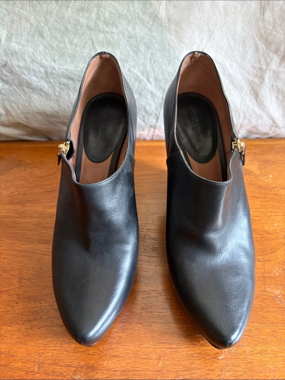 Giorgio Armani Black Leather Pointed Slip-On wedged ankle heels/ bootie’s